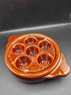 Ceramic Escargot Dish With 6 Wells And Handles Rustic Brown Glaze 5.5" Diameter